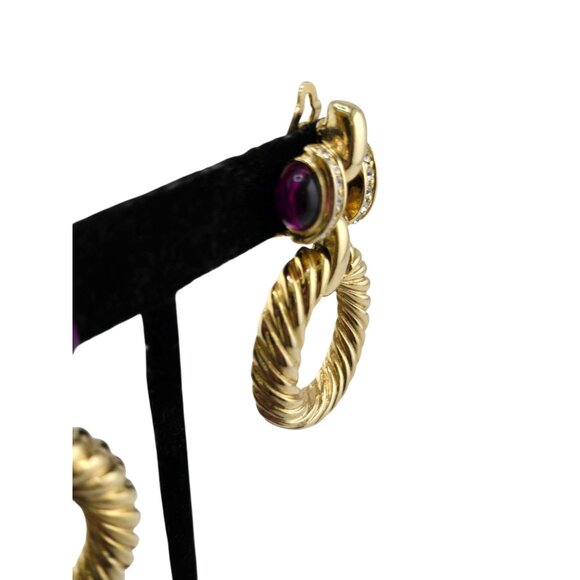 Vintage 80s 2-Tone Purple Mogul Rhinestone Twisted Gold-Plated Hoop Earrings - Picture 5 of 8